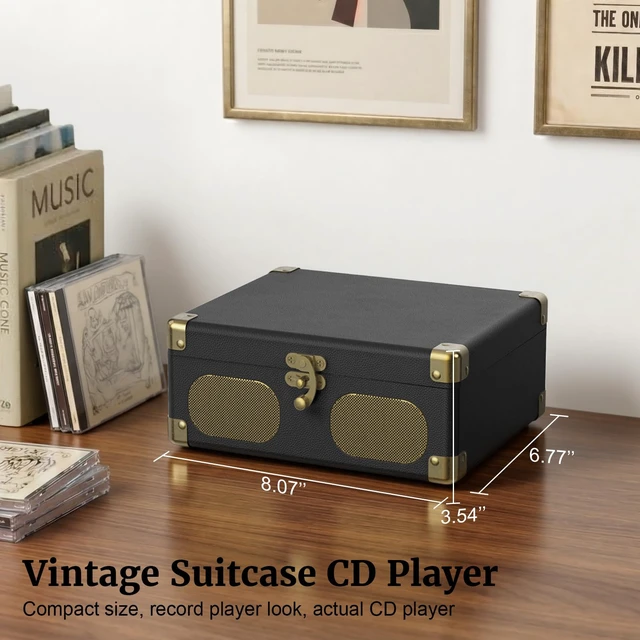 Alt view image 6 of 7 - Portable Desktop CD Player with Built-in Speakers, Black | Remote Control, V5.4 Bluetooth In & Out, AUX Input, Headphone Jack, USB Playback, Suitcase Retro Home Music Player