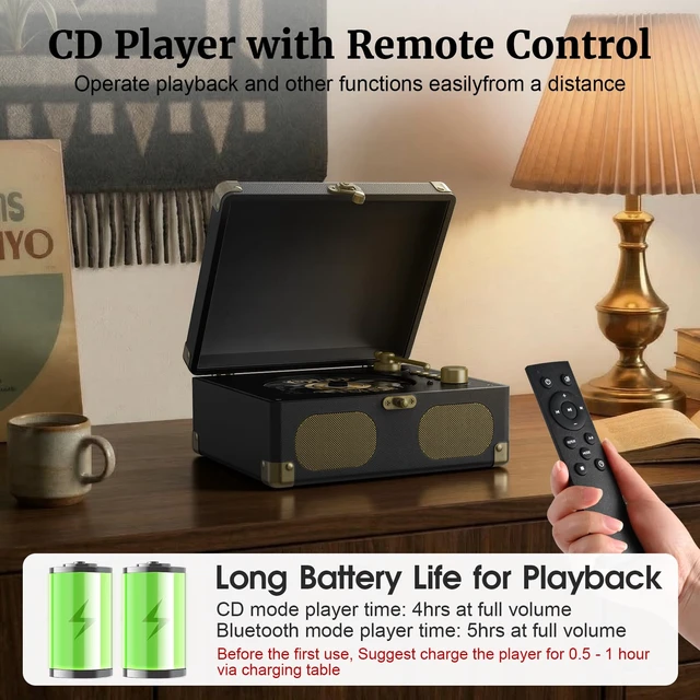 Alt view image 7 of 7 - Portable Desktop CD Player with Built-in Speakers, Black | Remote Control, V5.4 Bluetooth In & Out, AUX Input, Headphone Jack, USB Playback, Suitcase Retro Home Music Player