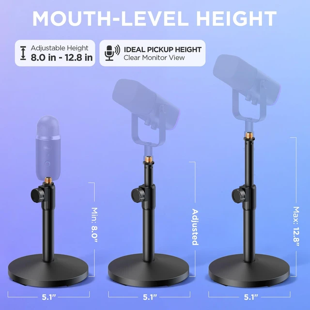 Alt view image 2 of 7 - Desktop Microphone Stand Holder Mic Stand Desk Mount for Fifine | for Shure Blue Yeti, All-Metal Construction, Weighted Iron Base, Height Adjustable, 3.3lb Weight Capacity