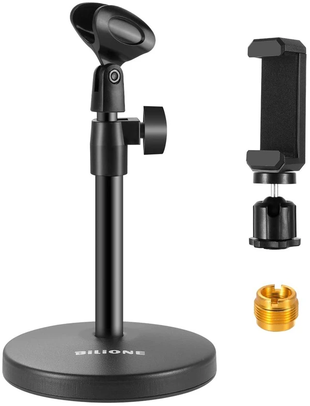 Main image of 3 in 1 Desktop Microphone Stand, Height Adjustable Table Mic Stand | Iron material, 1lbs Round Base, with Mic Clip, Cell Phone Clip, 5/8" to 3/8" Metal Adapter for Podcast Livestream Recording