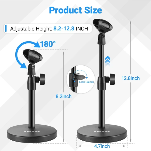 Alt view image 3 of 7 - 3 in 1 Desktop Microphone Stand, Height Adjustable Table Mic Stand | Iron material, 1lbs Round Base, with Mic Clip, Cell Phone Clip, 5/8" to 3/8" Metal Adapter for Podcast Livestream Recording