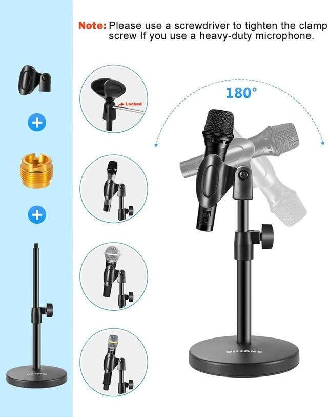 Alt view image 6 of 7 - 3 in 1 Desktop Microphone Stand, Height Adjustable Table Mic Stand | Iron material, 1lbs Round Base, with Mic Clip, Cell Phone Clip, 5/8" to 3/8" Metal Adapter for Podcast Livestream Recording