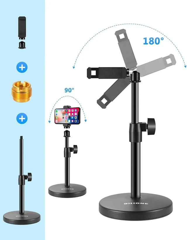 Alt view image 7 of 7 - 3 in 1 Desktop Microphone Stand, Height Adjustable Table Mic Stand | Iron material, 1lbs Round Base, with Mic Clip, Cell Phone Clip, 5/8" to 3/8" Metal Adapter for Podcast Livestream Recording