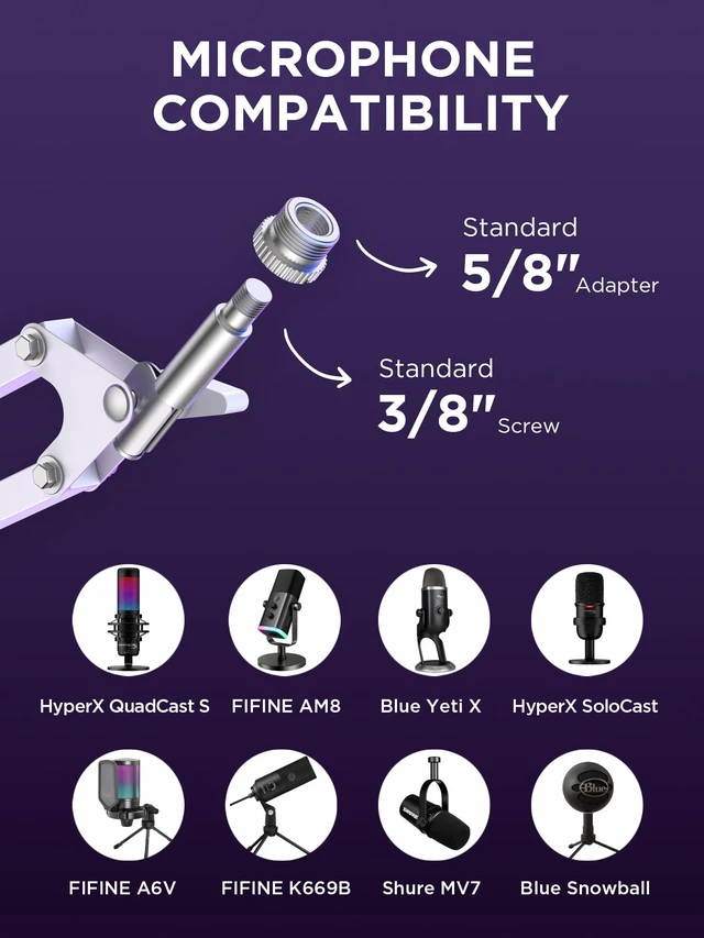 Alt view image 2 of 7 - Boom Arm Microphone Mic Stand for Blue Yeti Fifine HyperX, White | Desk Mount, Desktop Stands, Adjustable Reach, Rotate Fully, Folds Away Compactly, for Gaming, Streaming or Recording