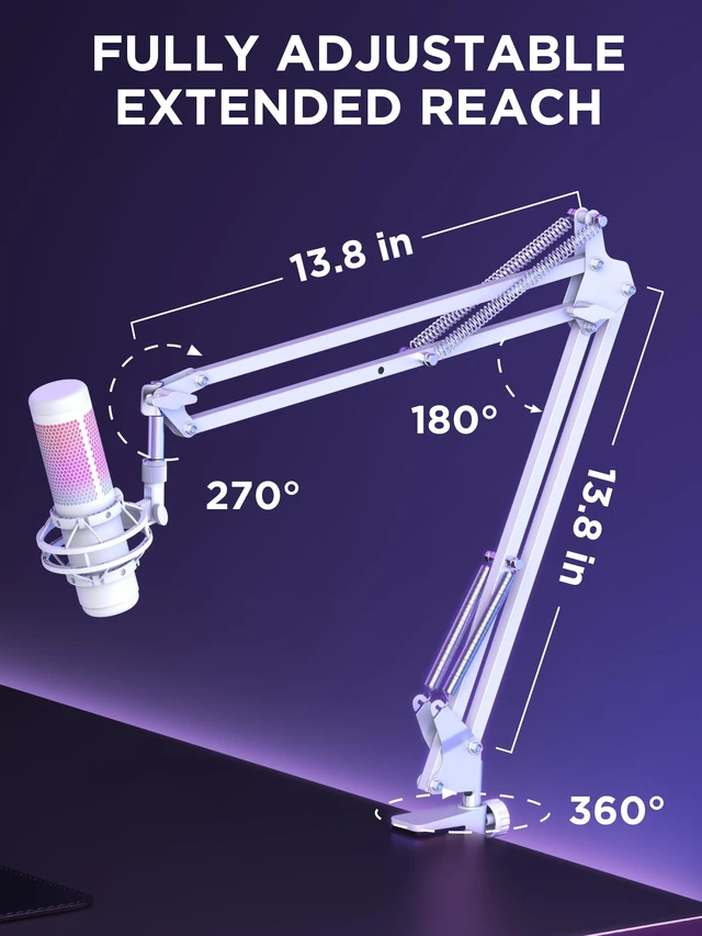 Alt view image 5 of 7 - Boom Arm Microphone Mic Stand for Blue Yeti Fifine HyperX, White | Desk Mount, Desktop Stands, Adjustable Reach, Rotate Fully, Folds Away Compactly, for Gaming, Streaming or Recording