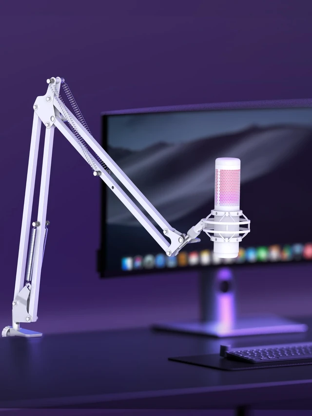 Alt view image 7 of 7 - Boom Arm Microphone Mic Stand for Blue Yeti Fifine HyperX, White | Desk Mount, Desktop Stands, Adjustable Reach, Rotate Fully, Folds Away Compactly, for Gaming, Streaming or Recording