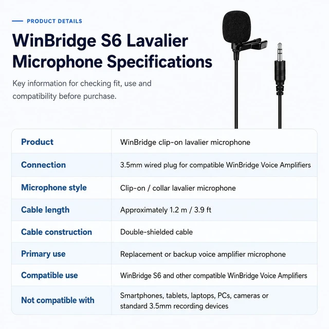Alt view image 4 of 7 - Clip-on Lavalier Microphone for Voice Amplifier, 3.5mm Wired Mic | Replacement Collar Mic Compatible with All WinBridge Voice Amplifiers for Teaching, Tour Guide & Presentation, S6