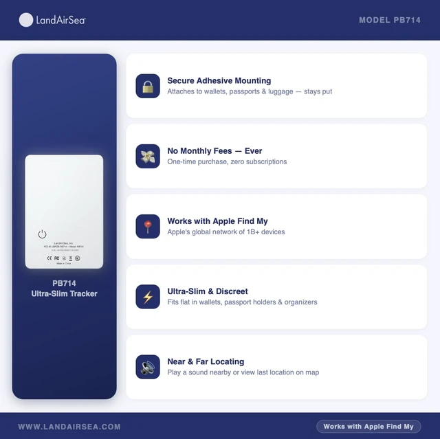 Alt view image 6 of 7 - PB714 Ultra-Slim Apple Find My Wallet Tracker with Secure Adhesive, No Monthly Fee Bluetooth Item Locator for Wallets, Passports & Luggage