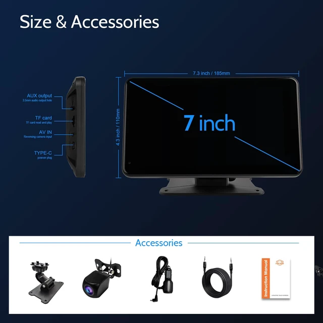 Alt view image 7 of 7 - Portable Wireless Carplay Car Stereo, 7 inch HD Touchscreen for All Vehicles,with Apple CarPlay & Android Auto with Backup Camera/Mirror Link/Voice Control/Bluetooth/GPS/AUX/FM Satellite Radio