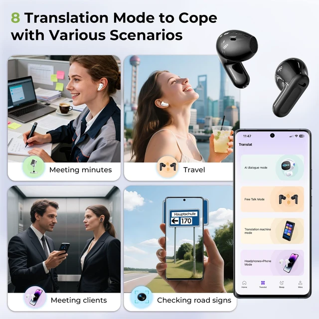 Alt view image 3 of 7 - NE20 Earbuds, 2025 New NE20 AI Translation Earbuds in Real Time, Language Translator Headphones with LCD Touch Screen Audifonos Traductores Inglés Español Support 140 Languages for Travel White