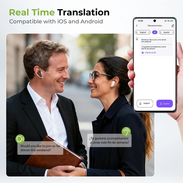 Alt view image 6 of 7 - NE20 Earbuds, 2025 New NE20 AI Translation Earbuds in Real Time, Language Translator Headphones with LCD Touch Screen Audifonos Traductores Inglés Español Support 140 Languages for Travel White