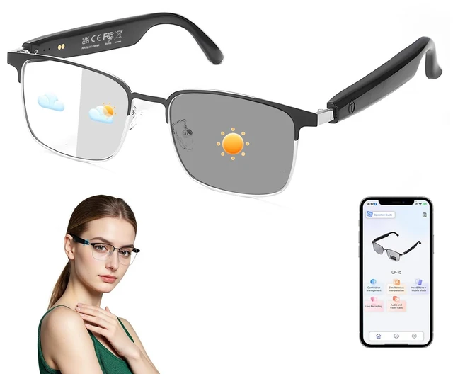 Main image of Smart AI Translator Glasses, Clear Blue Light Glasses for Women Men- Silver AI Translation, Color-Change Lens, Music & Call, IP65 Waterproof, Free App, Audio Glasses for Meeting Driving Travelling