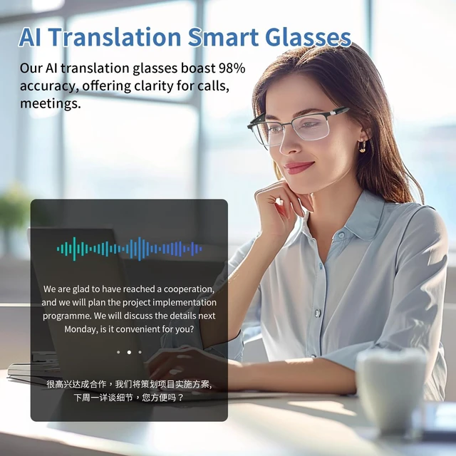 Alt view image 6 of 7 - Smart AI Translator Glasses, Clear Blue Light Glasses for Women Men- Silver AI Translation, Color-Change Lens, Music & Call, IP65 Waterproof, Free App, Audio Glasses for Meeting Driving Travelling