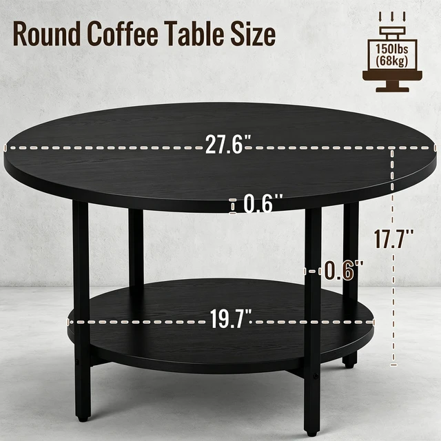 Alt view image 2 of 7 - Coffee Tables for Living Room, 27.6" Round Coffee Table, Black Coffee Table
2-Tier Wooden Circle Coffee Table with Storage, Modern Accent Center Floor Table for Industrial Home Office, 27.6"Dx17.7"H