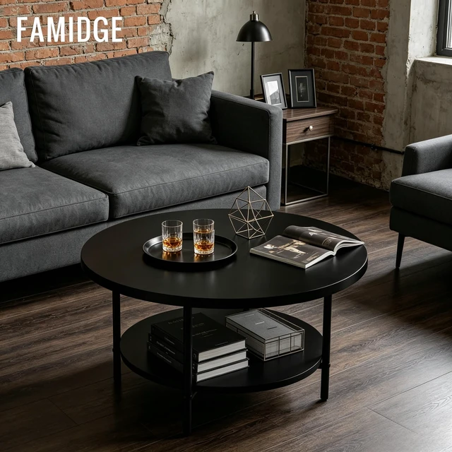 Alt view image 3 of 7 - Coffee Tables for Living Room, 27.6" Round Coffee Table, Black Coffee Table
2-Tier Wooden Circle Coffee Table with Storage, Modern Accent Center Floor Table for Industrial Home Office, 27.6"Dx17.7"H