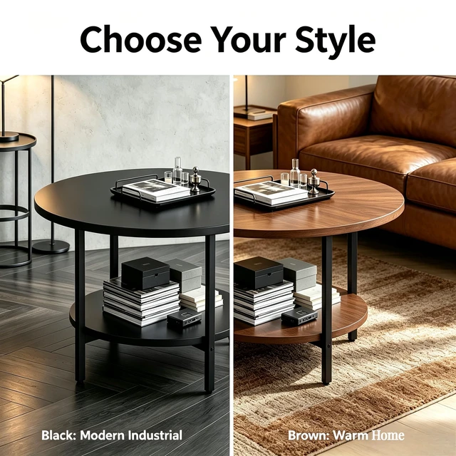 Alt view image 4 of 7 - Coffee Tables for Living Room, 27.6" Round Coffee Table, Black Coffee Table
2-Tier Wooden Circle Coffee Table with Storage, Modern Accent Center Floor Table for Industrial Home Office, 27.6"Dx17.7"H