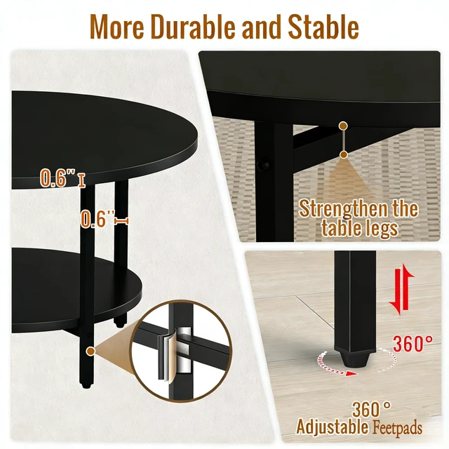 Alt view image 5 of 7 - Coffee Tables for Living Room, 27.6" Round Coffee Table, Black Coffee Table
2-Tier Wooden Circle Coffee Table with Storage, Modern Accent Center Floor Table for Industrial Home Office, 27.6"Dx17.7"H