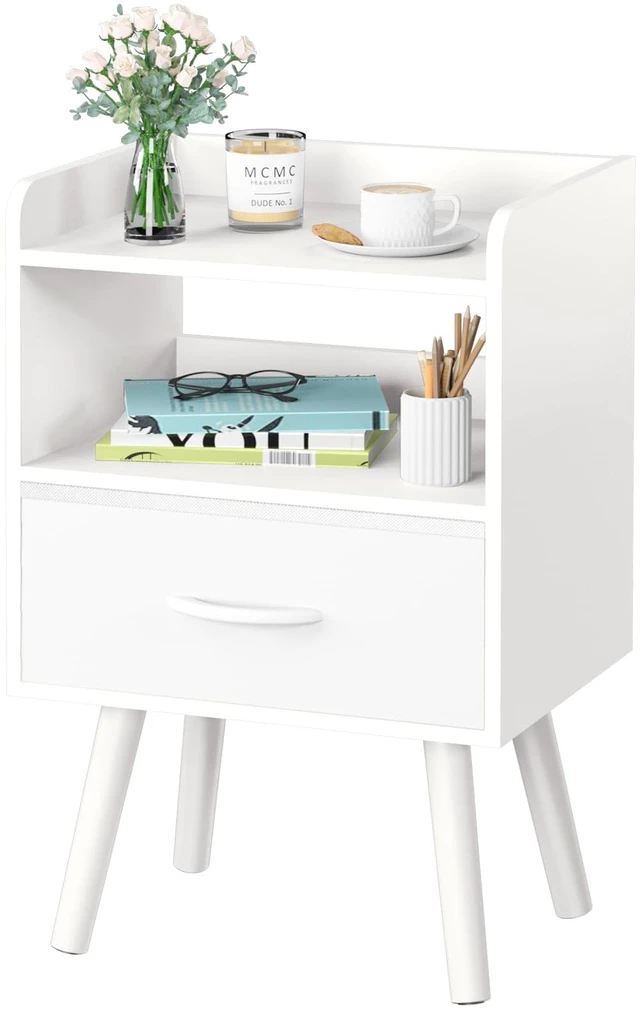 Main image of Modern Nightstand with Drawer, Bedside Tables, Mid Century Nightstands with Open Storage Shelf, Wood Bedside Table, Small Night Stands for Bedrooms, 2-Tier Night Table