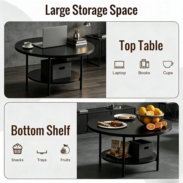 Alt view image 6 of 7 - Coffee Tables for Living Room, 27.6" Round Coffee Table, Black Coffee Table
2-Tier Wooden Circle Coffee Table with Storage, Modern Accent Center Floor Table for Industrial Home Office, 27.6"Dx17.7"H