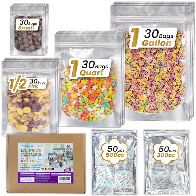 Main image of 120pcs Mylar Bags for Food Storage with Oxygen Absorbers 300cc 500cc (50 Packs Each), Resealable Pouches 4 Sizes Mix Bundle 30 Each (10x14, 7x10, 5x7, 4x6 Inches), Stand Up with Clear Window
