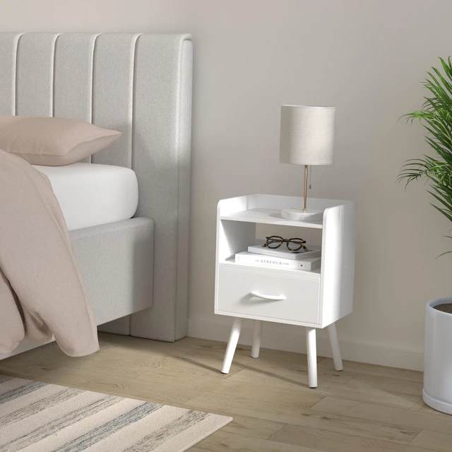 Alt view image 2 of 7 - Modern Nightstand with Drawer, Bedside Tables, Mid Century Nightstands with Open Storage Shelf, Wood Bedside Table, Small Night Stands for Bedrooms, 2-Tier Night Table