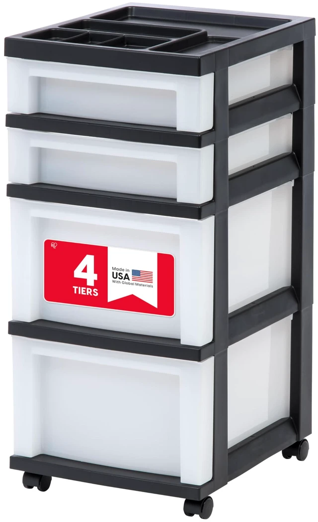 Main image of USA 4-Drawer Rolling Storage Cart with Organizer Top, Black/Pearl
Keep classroom supplies, teacher essentials, craft materials, and learning tools organized with easy-access drawers.