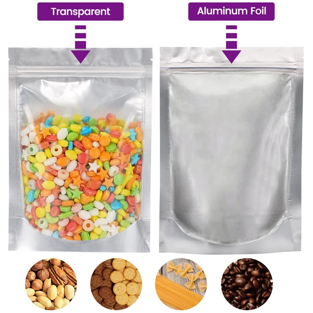 Alt view image 2 of 7 - 120pcs Mylar Bags for Food Storage with Oxygen Absorbers 300cc 500cc (50 Packs Each), Resealable Pouches 4 Sizes Mix Bundle 30 Each (10x14, 7x10, 5x7, 4x6 Inches), Stand Up with Clear Window