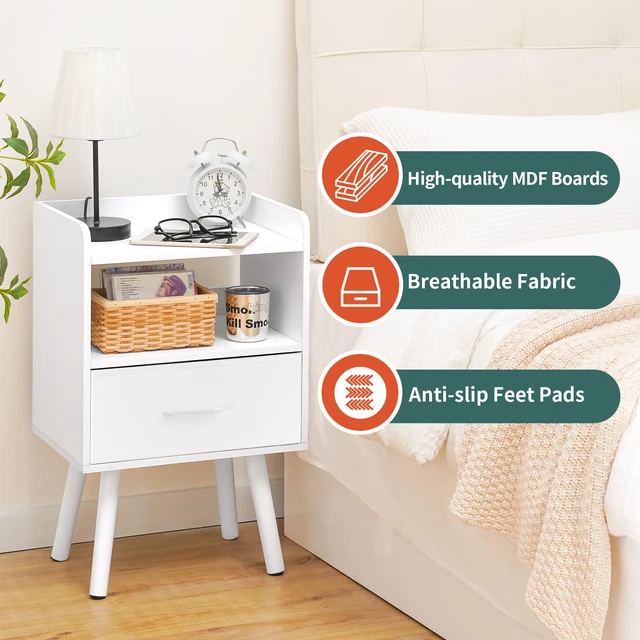 Alt view image 3 of 7 - Modern Nightstand with Drawer, Bedside Tables, Mid Century Nightstands with Open Storage Shelf, Wood Bedside Table, Small Night Stands for Bedrooms, 2-Tier Night Table