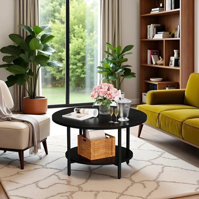 Alt view image 7 of 7 - Coffee Tables for Living Room, 27.6" Round Coffee Table, Black Coffee Table
2-Tier Wooden Circle Coffee Table with Storage, Modern Accent Center Floor Table for Industrial Home Office, 27.6"Dx17.7"H