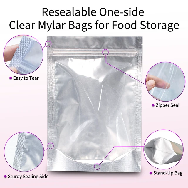Alt view image 3 of 7 - 120pcs Mylar Bags for Food Storage with Oxygen Absorbers 300cc 500cc (50 Packs Each), Resealable Pouches 4 Sizes Mix Bundle 30 Each (10x14, 7x10, 5x7, 4x6 Inches), Stand Up with Clear Window