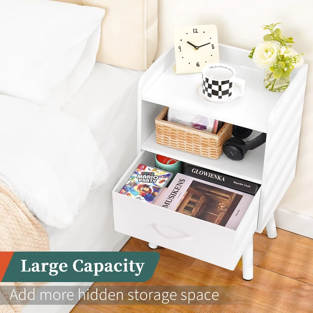 Alt view image 4 of 7 - Modern Nightstand with Drawer, Bedside Tables, Mid Century Nightstands with Open Storage Shelf, Wood Bedside Table, Small Night Stands for Bedrooms, 2-Tier Night Table