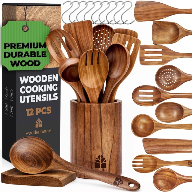Main image of Spoons for Cooking, 12 Pcs Teak Utensil Set with Holder & Hooks
Includes Spoon Rest for Storage Heat Resistant, Durable & Nonstick Safe Kitchen Cookware