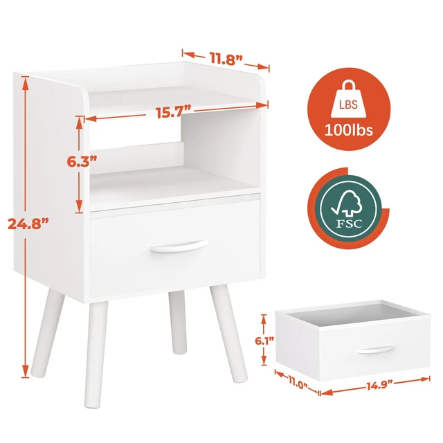 Alt view image 5 of 7 - Modern Nightstand with Drawer, Bedside Tables, Mid Century Nightstands with Open Storage Shelf, Wood Bedside Table, Small Night Stands for Bedrooms, 2-Tier Night Table