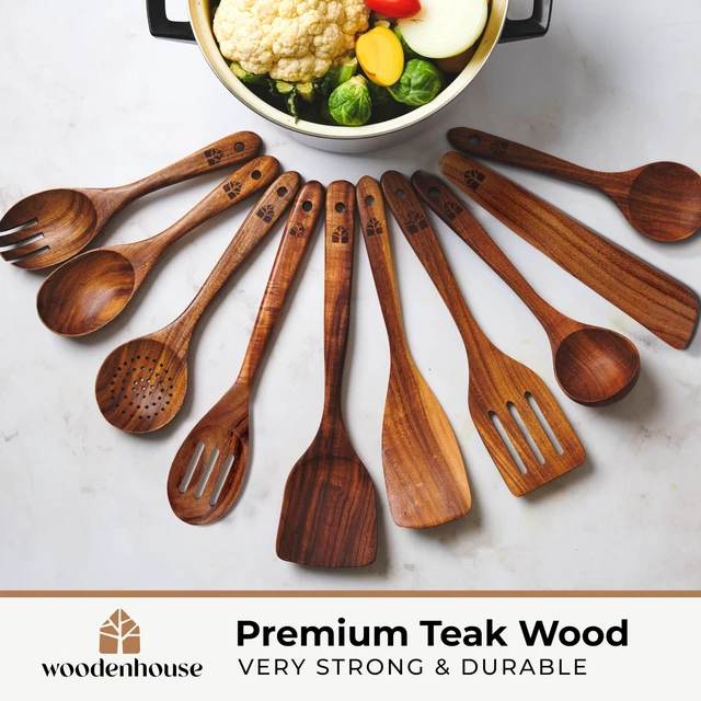 Alt view image 2 of 7 - Spoons for Cooking, 12 Pcs Teak Utensil Set with Holder & Hooks
Includes Spoon Rest for Storage Heat Resistant, Durable & Nonstick Safe Kitchen Cookware