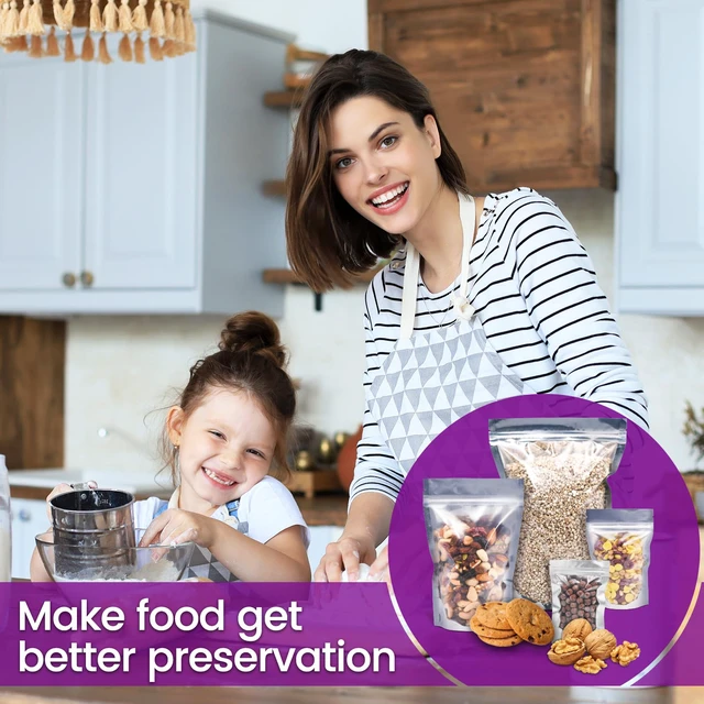 Alt view image 5 of 7 - 120pcs Mylar Bags for Food Storage with Oxygen Absorbers 300cc 500cc (50 Packs Each), Resealable Pouches 4 Sizes Mix Bundle 30 Each (10x14, 7x10, 5x7, 4x6 Inches), Stand Up with Clear Window