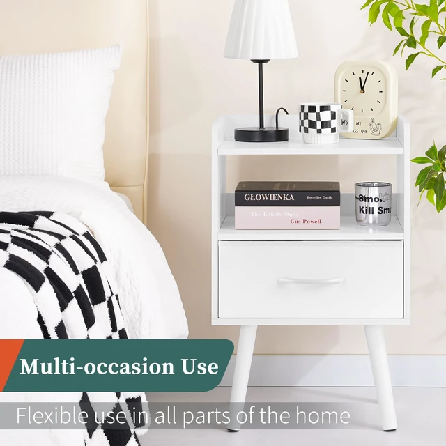Alt view image 6 of 7 - Modern Nightstand with Drawer, Bedside Tables, Mid Century Nightstands with Open Storage Shelf, Wood Bedside Table, Small Night Stands for Bedrooms, 2-Tier Night Table