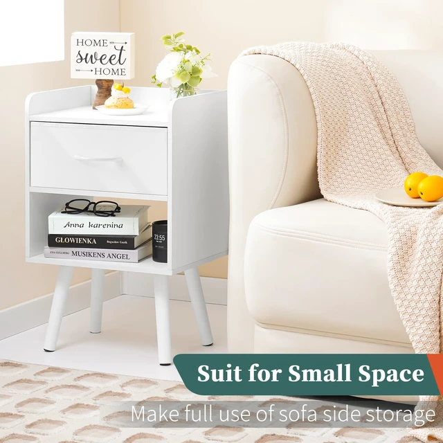 Alt view image 7 of 7 - Modern Nightstand with Drawer, Bedside Tables, Mid Century Nightstands with Open Storage Shelf, Wood Bedside Table, Small Night Stands for Bedrooms, 2-Tier Night Table