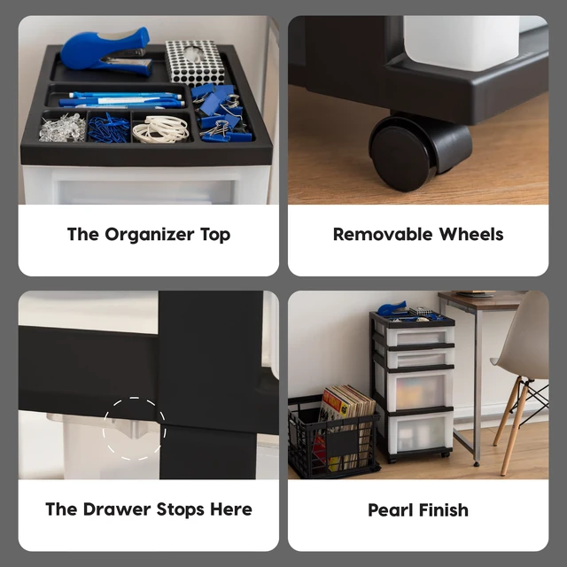 Alt view image 6 of 7 - USA 4-Drawer Rolling Storage Cart with Organizer Top, Black/Pearl
Keep classroom supplies, teacher essentials, craft materials, and learning tools organized with easy-access drawers.