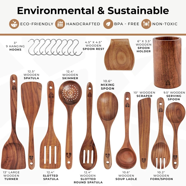 Alt view image 3 of 7 - Spoons for Cooking, 12 Pcs Teak Utensil Set with Holder & Hooks
Includes Spoon Rest for Storage Heat Resistant, Durable & Nonstick Safe Kitchen Cookware