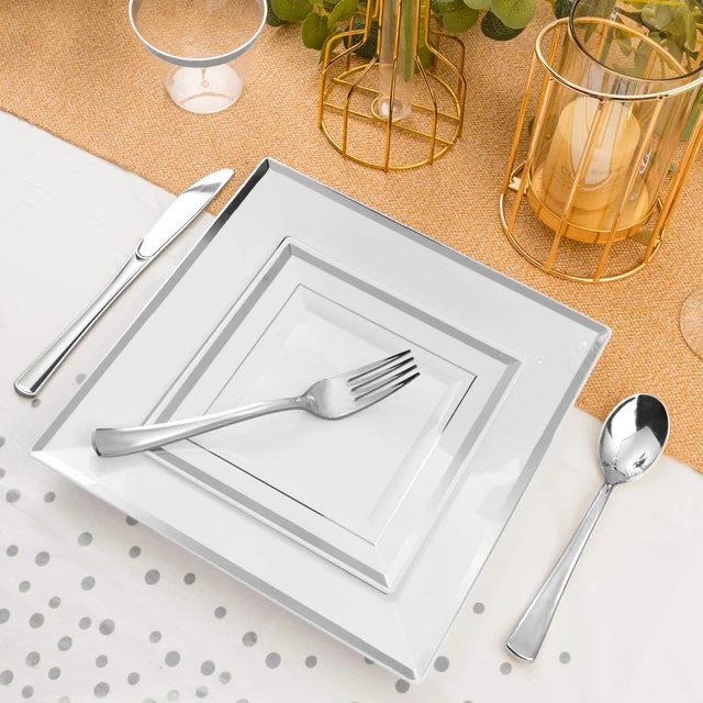 Alt view image 2 of 7 - 352Pcs Silver Square Plastic Plates with Silver Trim for 50 Guests
Silver Dinnerware Sets Include 100 Plastic Plates, 50 Rolled Napkins, 50 Cups, 50 Cutlery Sets and 2 Tablecloths for Party