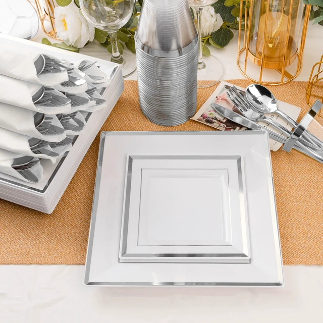 Alt view image 3 of 7 - 352Pcs Silver Square Plastic Plates with Silver Trim for 50 Guests
Silver Dinnerware Sets Include 100 Plastic Plates, 50 Rolled Napkins, 50 Cups, 50 Cutlery Sets and 2 Tablecloths for Party