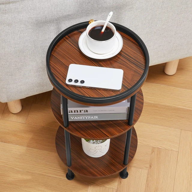 Alt view image 4 of 7 - Small Round Side Table for Small Spaces, 3-Tier Round Accent Table Slim Side Table, Modern Sofa End Table Corner Table for Living Room Bedroom Nightstand (Classic, Cherry)