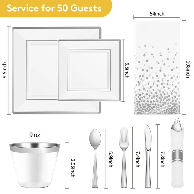 Alt view image 4 of 7 - 352Pcs Silver Square Plastic Plates with Silver Trim for 50 Guests
Silver Dinnerware Sets Include 100 Plastic Plates, 50 Rolled Napkins, 50 Cups, 50 Cutlery Sets and 2 Tablecloths for Party
