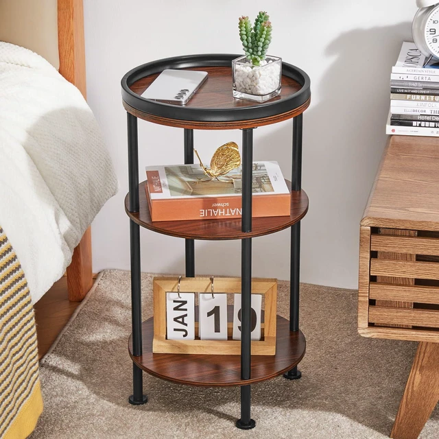 Alt view image 5 of 7 - Small Round Side Table for Small Spaces, 3-Tier Round Accent Table Slim Side Table, Modern Sofa End Table Corner Table for Living Room Bedroom Nightstand (Classic, Cherry)