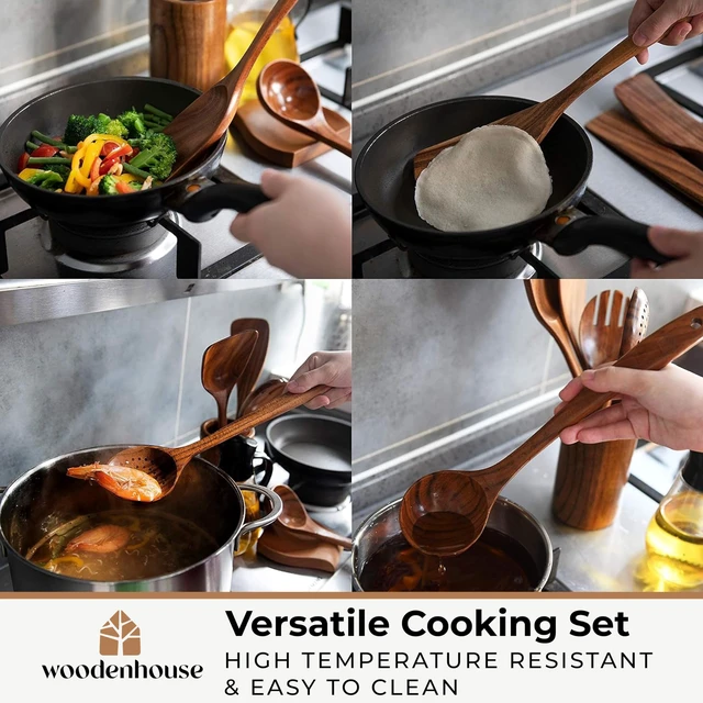 Alt view image 6 of 7 - Spoons for Cooking, 12 Pcs Teak Utensil Set with Holder & Hooks
Includes Spoon Rest for Storage Heat Resistant, Durable & Nonstick Safe Kitchen Cookware