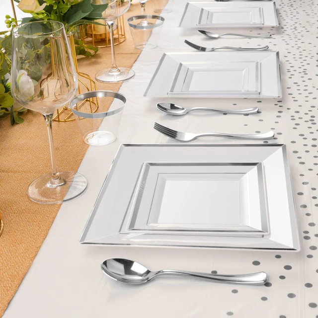 Alt view image 6 of 7 - 352Pcs Silver Square Plastic Plates with Silver Trim for 50 Guests
Silver Dinnerware Sets Include 100 Plastic Plates, 50 Rolled Napkins, 50 Cups, 50 Cutlery Sets and 2 Tablecloths for Party