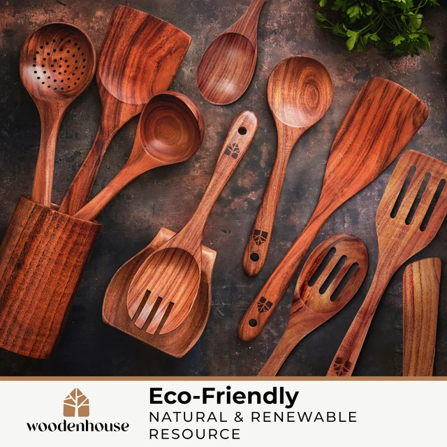 Alt view image 7 of 7 - Spoons for Cooking, 12 Pcs Teak Utensil Set with Holder & Hooks
Includes Spoon Rest for Storage Heat Resistant, Durable & Nonstick Safe Kitchen Cookware