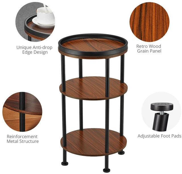 Alt view image 7 of 7 - Small Round Side Table for Small Spaces, 3-Tier Round Accent Table Slim Side Table, Modern Sofa End Table Corner Table for Living Room Bedroom Nightstand (Classic, Cherry)