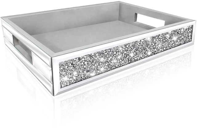 Main image of Mirror Perfume Tray fits Dresser Bedroom,Crushed Diamond Bathroom Tray with Handles,Vanity Tray,Decorative Serving Tray for Coffee Table Decor(14x 10x 2.5)