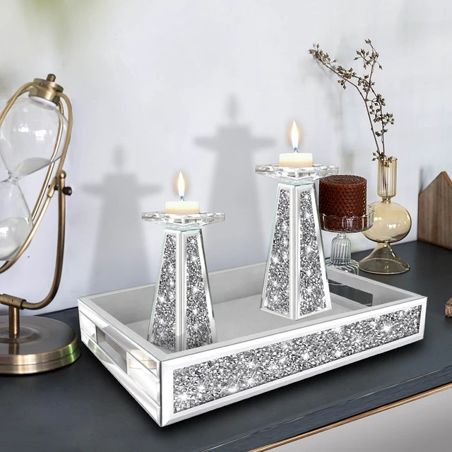 Alt view image 2 of 7 - Mirror Perfume Tray fits Dresser Bedroom,Crushed Diamond Bathroom Tray with Handles,Vanity Tray,Decorative Serving Tray for Coffee Table Decor(14x 10x 2.5)